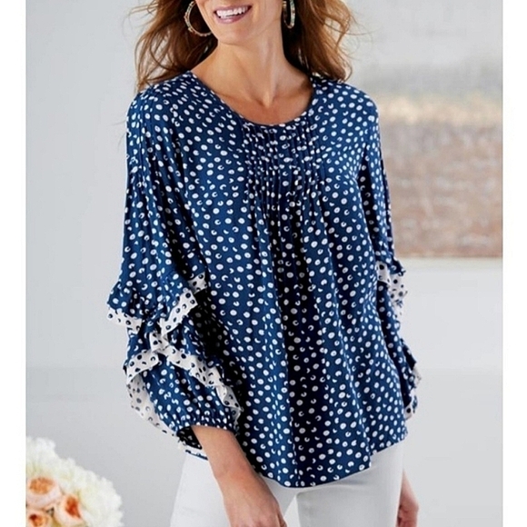 Soft Surroundings Sonrisa Polka-dot Ruffle Blouse - Picture 1 of 8